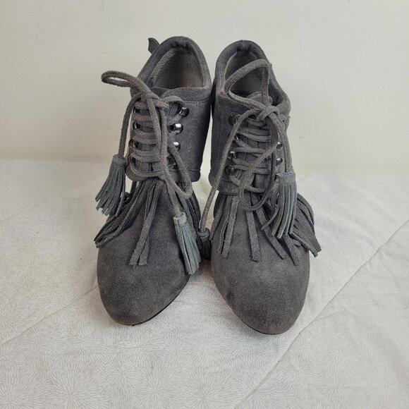 Colin Stuart gray suede booties fringe leather ties tassels stiletto heels 6.5 - Picture 3 of 13